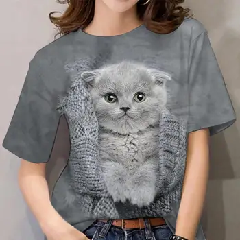 Женские футболки для девочек, футболка с 3D принтом Кота, Летние Модные повседневные уличные топы с короткими рукавами, футболки, Женская одежда Y2k