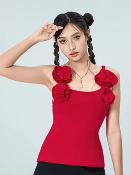 Женские летние облегающие топы на бретелях красного цвета без рукавов с эстетичным 3D цветочным декором, вязаный тонкий жилет, топы Y2k, уличная одежда