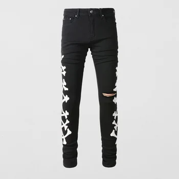 Уличная мода, мужские джинсы черного цвета, Стрейчевые облегающие рваные джинсы, Мужские брюки с дырками, Дизайнерские брюки в стиле хип-хоп