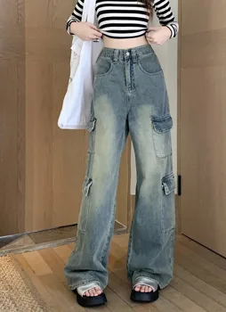 Модные уличные брюки Y2k в стиле панк с карманами, Свободные Широкие джинсы с высокой талией, Женские брюки-карго в стиле Харадзюку