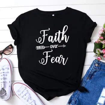 Летняя Повседневная женская футболка, Свободная хлопковая футболка с коротким рукавом, модная футболка большого размера с круглым вырезом, Женские топы faith over feai