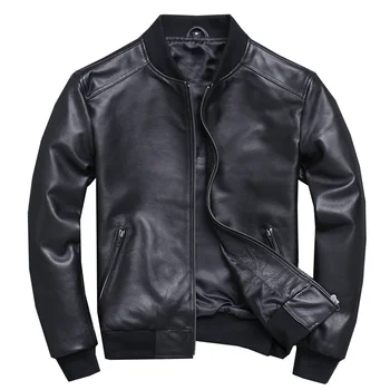 100% роскошная натуральная Черная Авиационная куртка-бомбер из натуральной кожи для Мужчин, куртка из овчины пилота, пальто из натуральной кожи, короткая тонкая деловая куртка l
