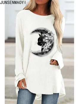 Новый пуловер с круглым вырезом, осенняя женская блузка, свободная рубашка, повседневные модные футболки с рисунком лунного кота, топы