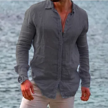 2023 Новая однотонная Мужская повседневная рубашка из искусственного хлопка и льна, Свободная Рубашка с длинным рукавом, Летняя Повседневная Красивая мужская рубашка