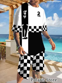 Мужской спортивный костюм в 2 тона, футболка с коротким рукавом, пляжные шорты, Костюм из 2 предметов, повседневная спортивная одежда в стиле Рок, мужская одежда