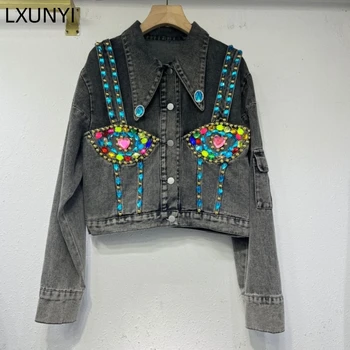 LXUNYI Серая джинсовая куртка Женская Демисезонная Короткая с длинным рукавом, Украшенная бисером, с бриллиантами, Повседневное Джинсовое пальто для дам