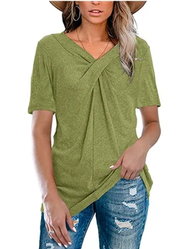 Женская Однотонная футболка с коротким рукавом и V-образным вырезом, плиссированная, с перекрестным узлом, Свободные повседневные топы на лето