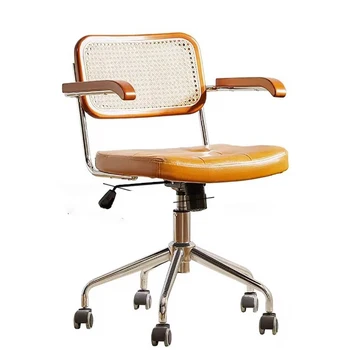 Офисное кресло Компьютерное кресло для учебы Ретро Стиль Простая и изысканная форма Свободное вращение Поверхность из натуральной ротанговой сетки