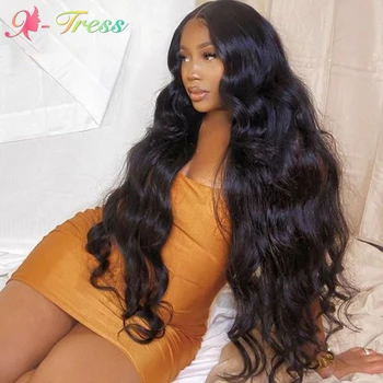 X-TRESS Синтетические кружевные парики спереди для чернокожих женщин Длиной 30 дюймов, объемная волна, Натуральный цвет, Средняя часть, кружевной парик, термостойкий