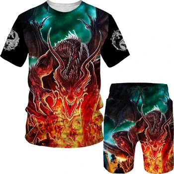 Комплект из двух предметов, Летний спортивный костюм, Мужская футболка с 3D принтом Дракона и Льва, Повседневная уличная одежда Оверсайз, модная мужская одежда