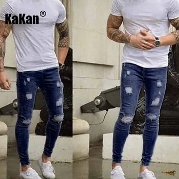 Kakan - Европейские и американские Осенние Новые Поношенные Белые Джинсы для мужчин, Сине-черные Мужские брюки в обтяжку K14-4405