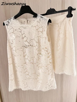 Высококачественные Летние Женские модные Дизайнерские белые топы без рукавов с открытой спиной + Комплекты юбок-карандашей с высокой талией
