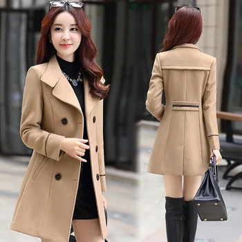 Осенне-зимняя куртка Больших Размеров, женское Двубортное однотонное пальто, Корейская Тонкая Женская Шерстяная куртка для женщин