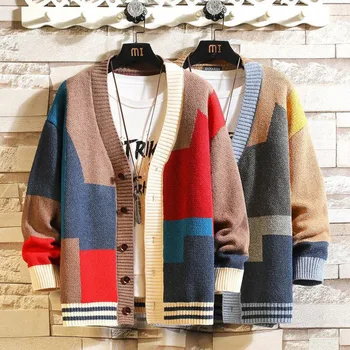Новый мужской красочный свитер, кардиган, трикотажная куртка с V-образным вырезом, куртка большого размера