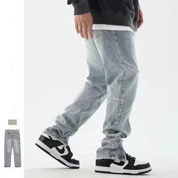 Синие джинсы, американский Дизайнерский стиль, Высокие уличные брюки, строчка на молнии, мужской Хип-Хоп, Свободный Прямой Тренд