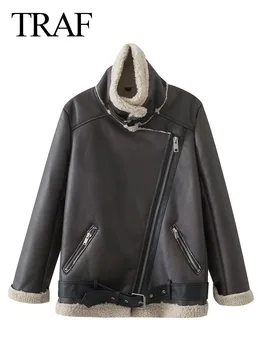 TRAF Осенне-зимняя Модная Женская куртка с отворотом и длинным рукавом, Тонкий боковой карман на молнии, украшающий куртку, Женское повседневное теплое толстое пальто