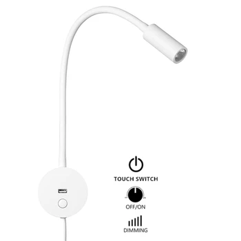 Tokili Подключаемая Белая Лампа для Чтения, Прикроватная Лампа с сенсорным включением/выключением/Диммером, 3 Вт Светодиодное USB Зарядное Устройство, Декор для Спальни, Бра