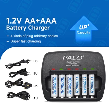 PALO 1,2 В перезаряжаемая батарея ni-mh AA 3000 мАч/AAA 1100 мАч батареи с 6 слотами 1,2 В AA/AAA батарея светодиодное Быстрое зарядное устройство