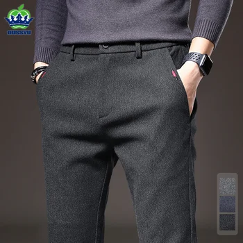 2023 Новые Зимние Мужские Повседневные брюки из матовой ткани, деловые Модные облегающие стрейчевые Плотные серо-синие Черные хлопчатобумажные брюки, мужские
