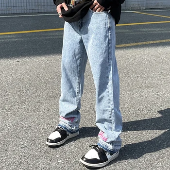 Y2K, Рваные мужские джинсы с вышивкой в стиле ретро, Прямые застиранные брюки в стиле ретро в стиле Харадзюку, Повседневные джинсовые брюки Оверсайз, Уличная одежда