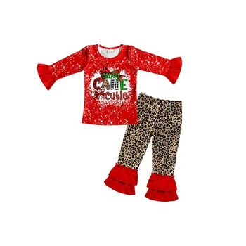 Рождественская одежда для маленьких девочек, милая одежда для маленьких девочек, комплект леопардовых штанов с оборками, оптовая продажа
