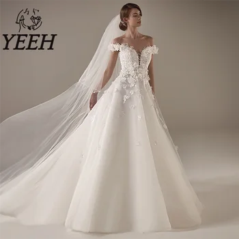 Свадебное платье YEEH с открытыми плечами, Изысканное Свадебное Платье из Тюля с Кружевными Аппликациями, Трапециевидный Придворный Шлейф, Vestido De Noiva для Невесты