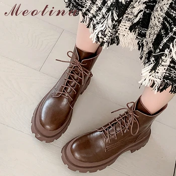 Meotina/ женские ботильоны из натуральной кожи на платформе с круглым носком и высоком каблуке, короткие ботинки на шнуровке, Женская обувь Осень-зима 42