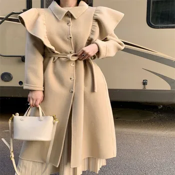 Шерстяное пальто для женщин 2023, осенне-зимнее модное пальто во французском стиле, винтажное офисное женское двубортное однотонное длинное пальто