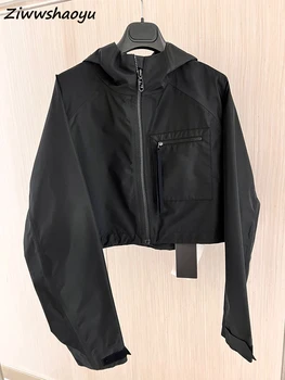 Высококачественная Осенняя женская модная дизайнерская одежда для подиума с длинным рукавом и карманами, Свободные Короткие пальто с капюшоном, пальто, черная куртка