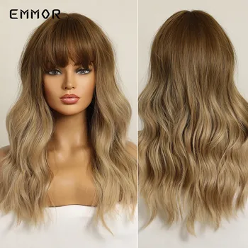 Длинный парик Emmor из синтетического Омбре коричневого цвета с челкой для женщин, Косплей, Натуральные Волнистые от Воды Термостойкие Парики