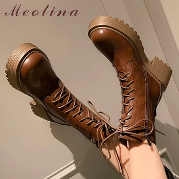 Meotina/ женские ботильоны из натуральной кожи на платформе с круглым носком, высоком толстом каблуке, молнии, шнуровке, короткие ботинки, осенне-зимняя женская обувь