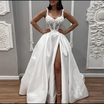 Ramanda Элегантное атласное свадебное платье на тонких бретельках для женщин 2023, V-образный вырез, кружевные аппликации, свадебное платье без рукавов с разрезом на спине